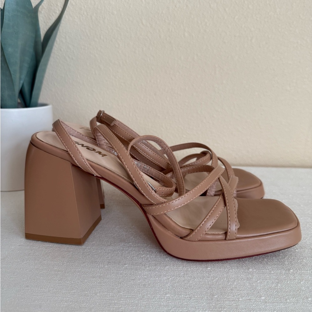 New ISNOM Tan Faux Leather Strappy Block Heel Sandals